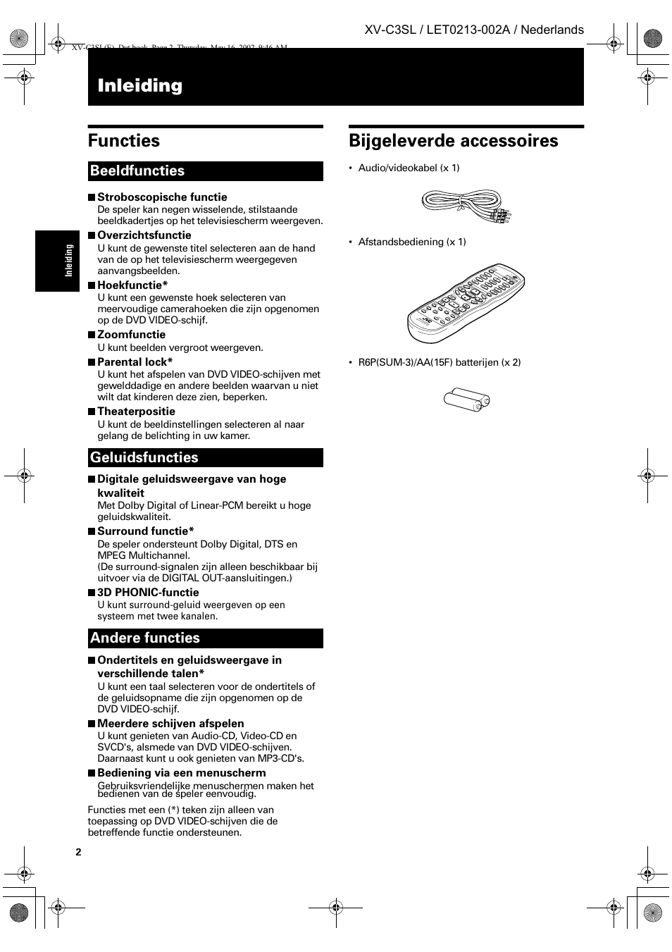 Inleiding functies, Bijgeleverde accessoires, Beeldfuncties geluidsfuncties andere functies | Stroboscopische functie, Overzichtsfunctie, Hoekfunctie, Zoomfunctie, Parental lock, Theaterpositie, Digitale geluidsweergave van hoge kwaliteit | JVC XV-C3SL User Manual | Page 120 / 177