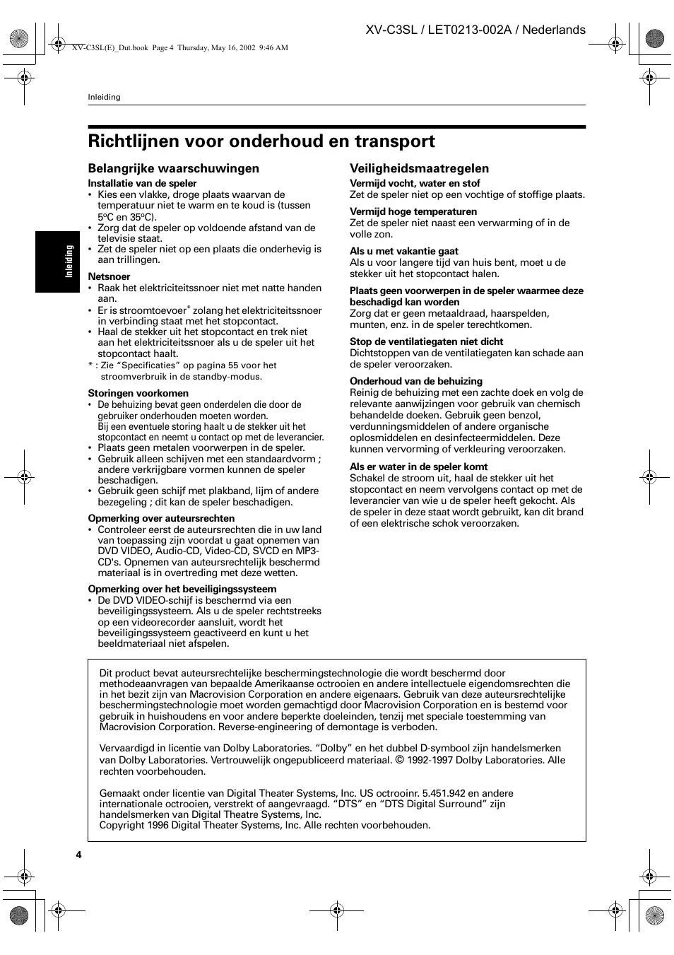 Richtlijnen voor onderhoud en transport | JVC XV-C3SL User Manual | Page 122 / 177
