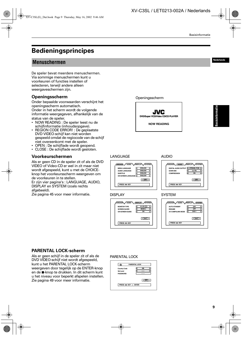 Bedieningsprincipes, Menuschermen, Openingsscherm | Voorkeurschermen, Parental lock-scherm, Language audio system, Parental lock display, Basisinfor matie | JVC XV-C3SL User Manual | Page 127 / 177