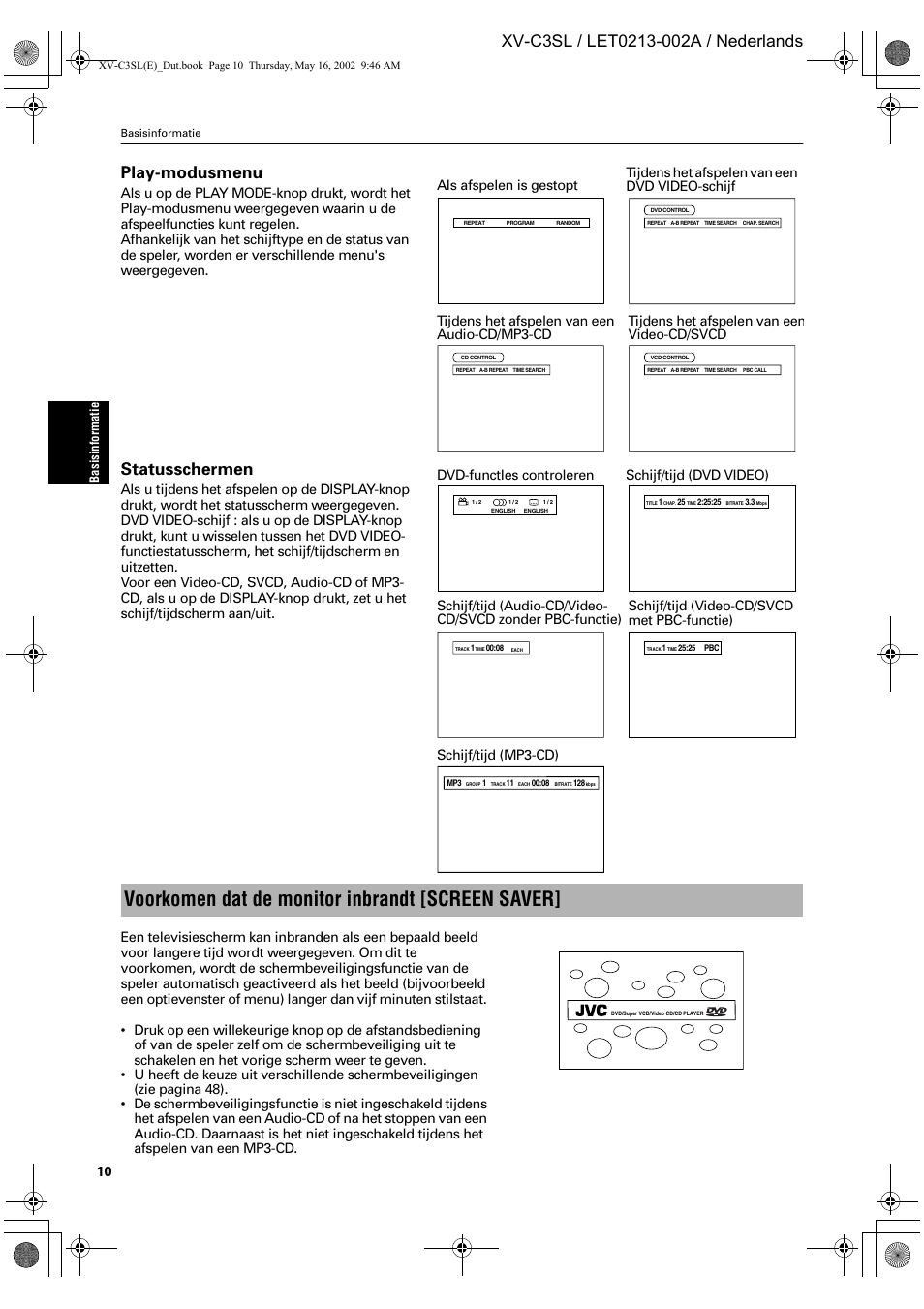 Voorkomen dat de monitor inbrandt [screen saver, Statusschermen | JVC XV-C3SL User Manual | Page 128 / 177