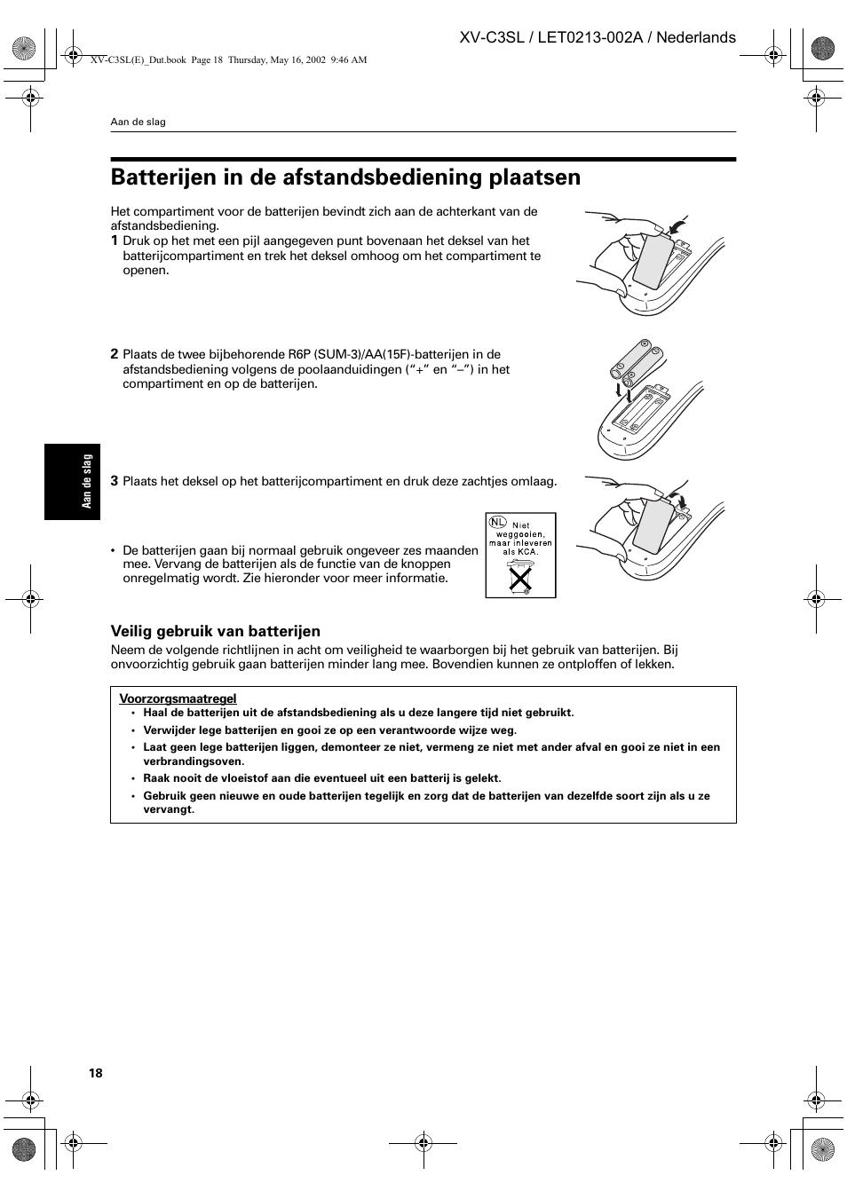 Batterijen in de afstandsbediening plaatsen | JVC XV-C3SL User Manual | Page 136 / 177