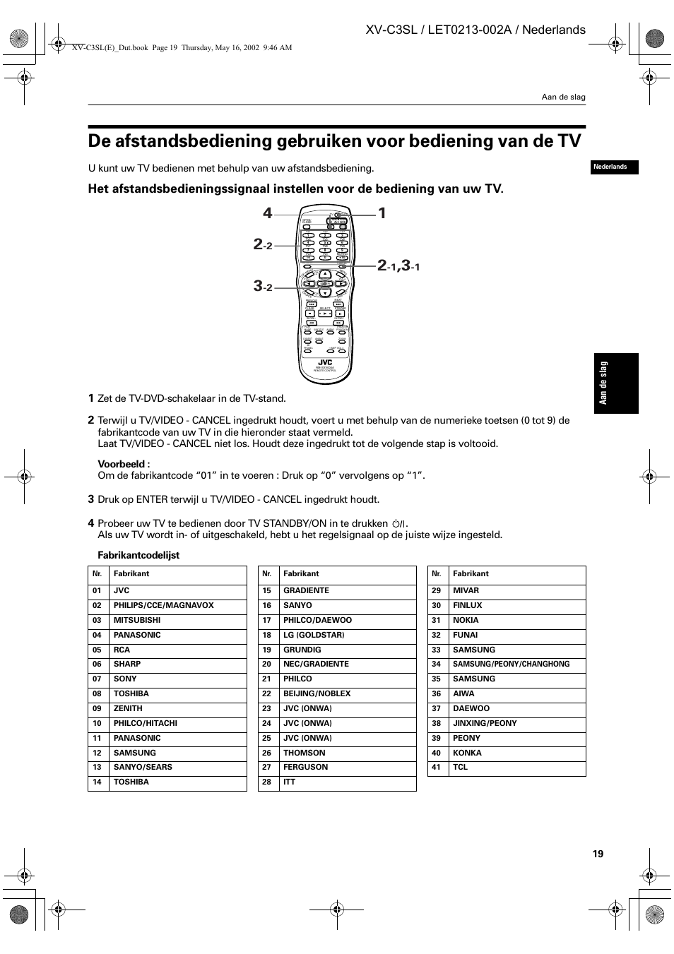 Zet de tv-dvd-schakelaar in de tv-stand | JVC XV-C3SL User Manual | Page 137 / 177