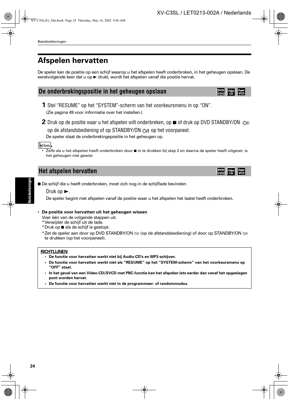 Afspelen hervatten | JVC XV-C3SL User Manual | Page 142 / 177