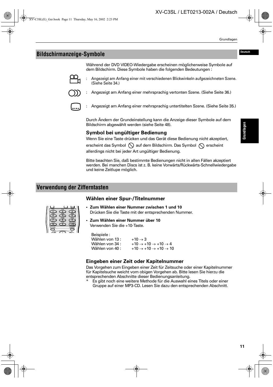 Bildschirmanzeige-symbole, Verwendung der zifferntasten, Symbol bei ungültiger bedienung | Wählen einer spur-/titelnummer, Eingeben einer zeit oder kapitelnummer | JVC XV-C3SL User Manual | Page 15 / 177