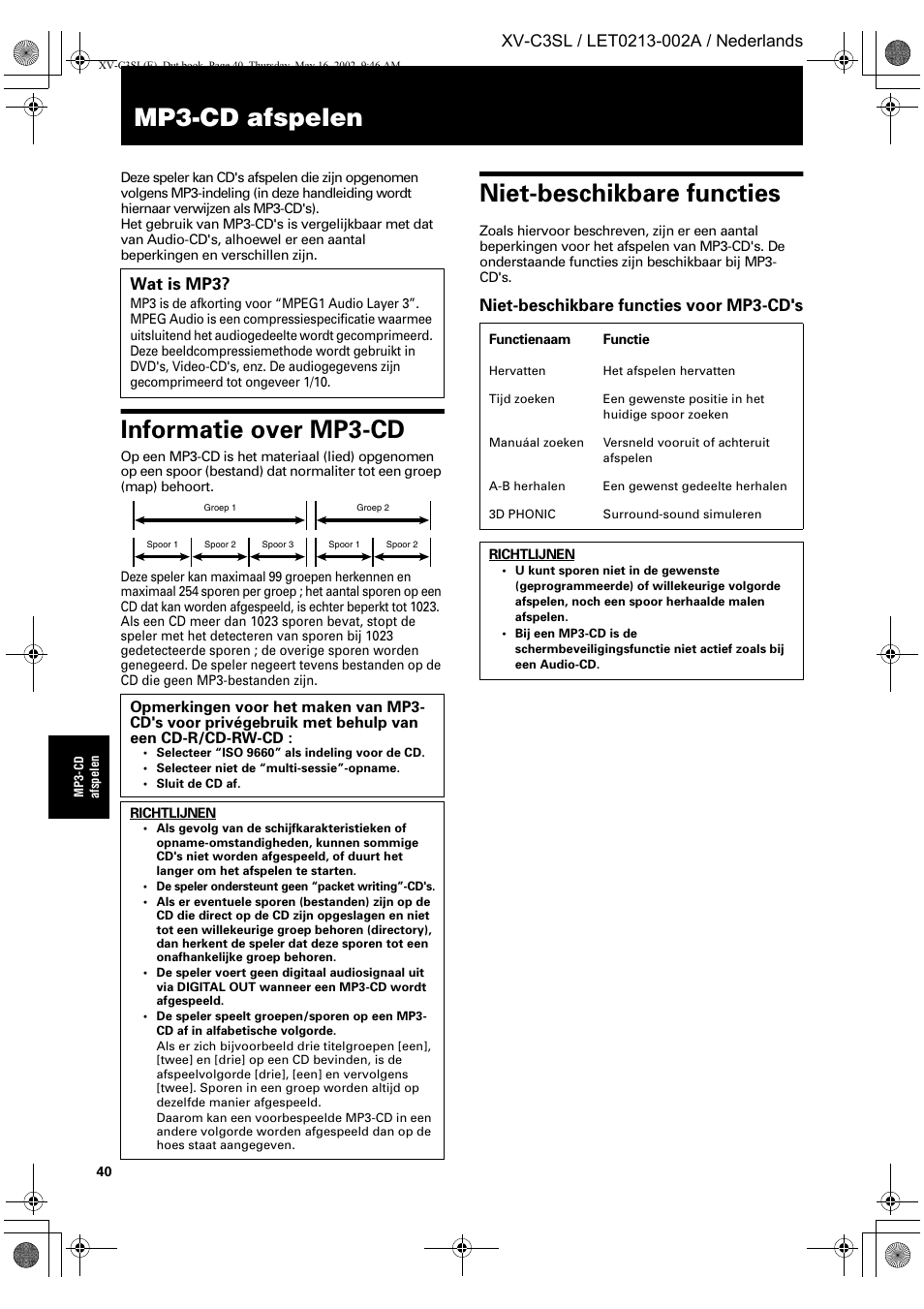 Mp3-cd afspelen, Informatie over mp3-cd, Niet-beschikbare functies | Niet-beschikbare functies voor mp3-cd's wat is mp3 | JVC XV-C3SL User Manual | Page 158 / 177