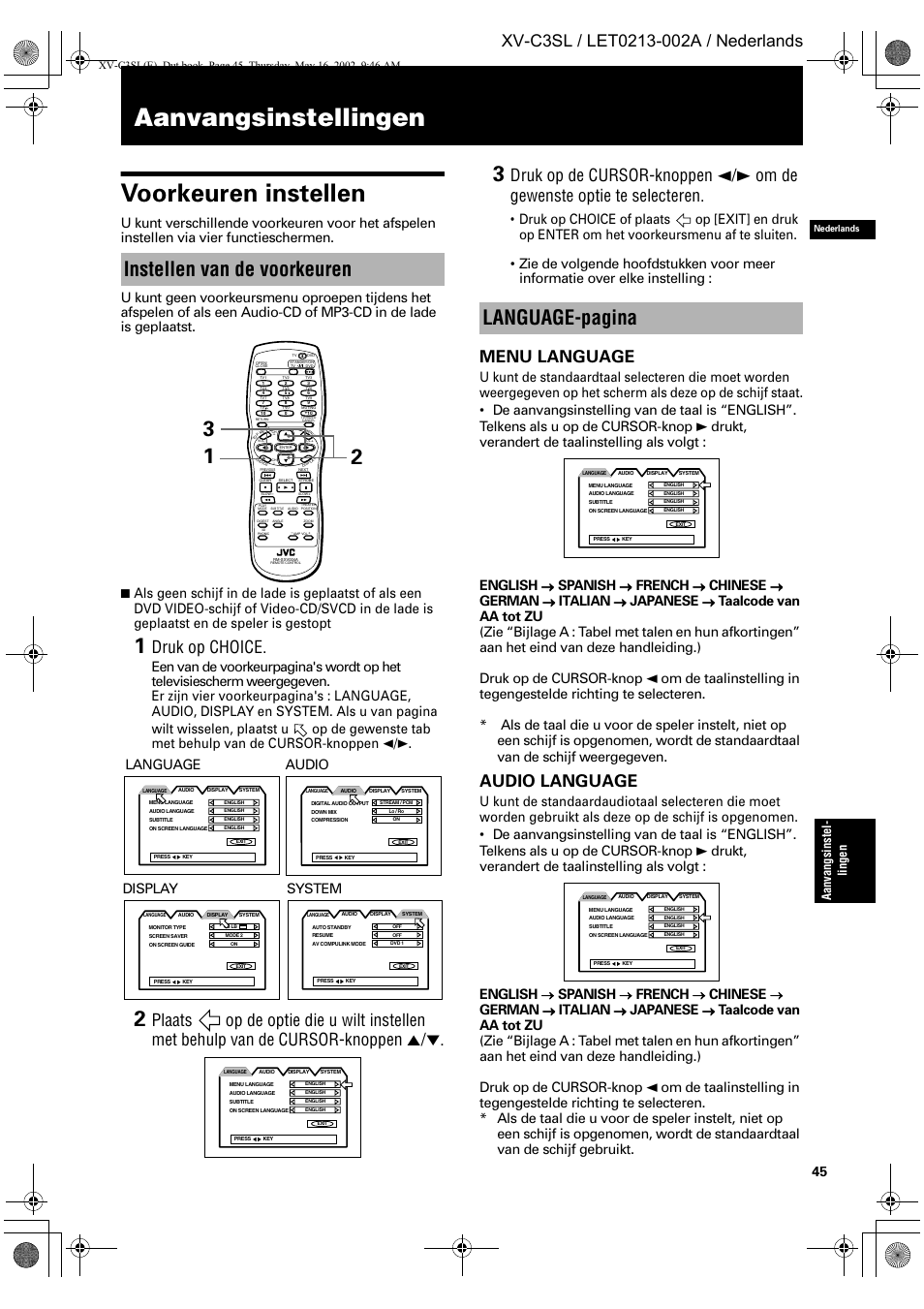 Aanvangsinstellingen voorkeuren instellen, Instellen van de voorkeuren, Language-pagina | Druk op choice, Menu language, Audio language, Spanish, French, Chinese, German | JVC XV-C3SL User Manual | Page 163 / 177