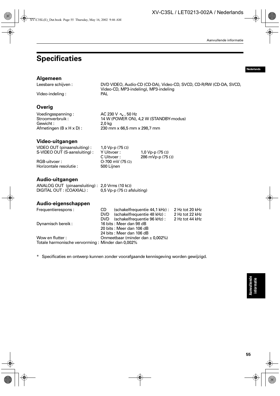 Specificaties | JVC XV-C3SL User Manual | Page 173 / 177