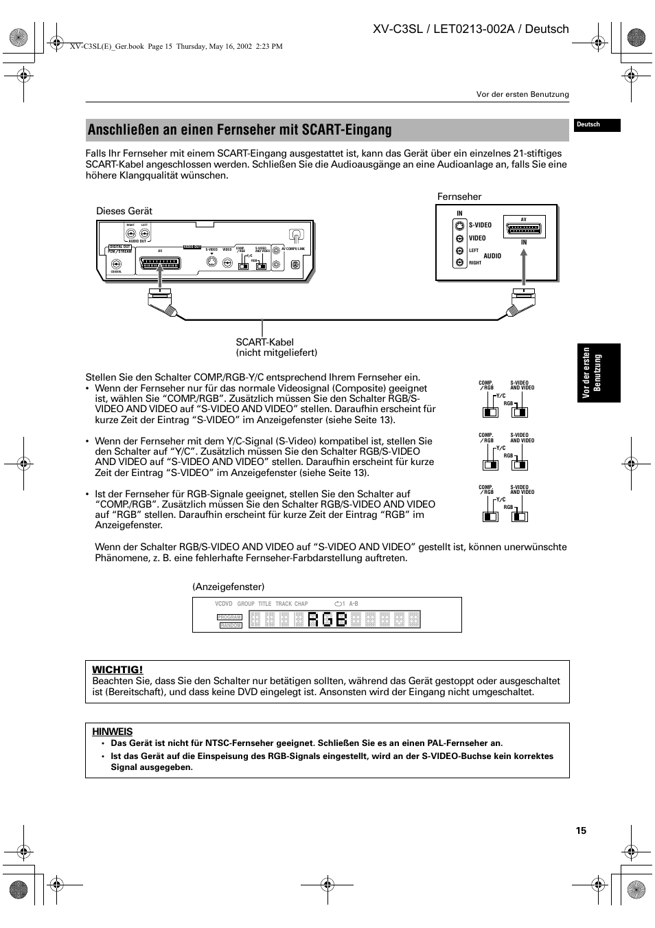 Anschließen an einen fernseher mit scart-eingang, Anzeigefenster) | JVC XV-C3SL User Manual | Page 19 / 177
