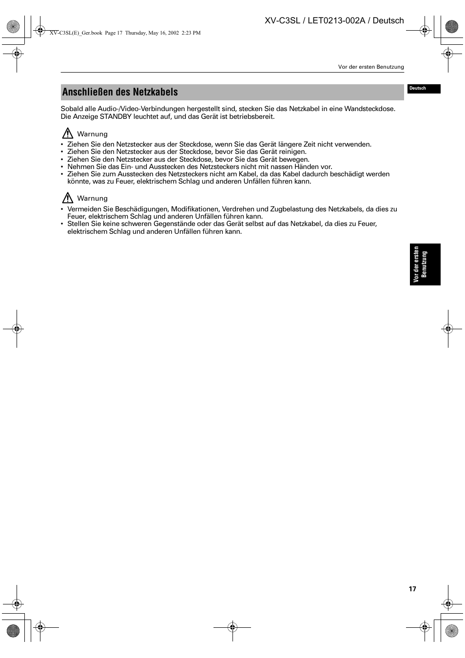 Anschließen des netzkabels | JVC XV-C3SL User Manual | Page 21 / 177