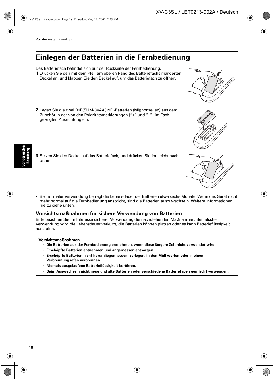 Einlegen der batterien in die fernbedienung | JVC XV-C3SL User Manual | Page 22 / 177
