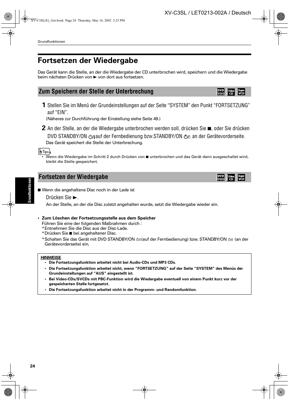 Fortsetzen der wiedergabe | JVC XV-C3SL User Manual | Page 28 / 177