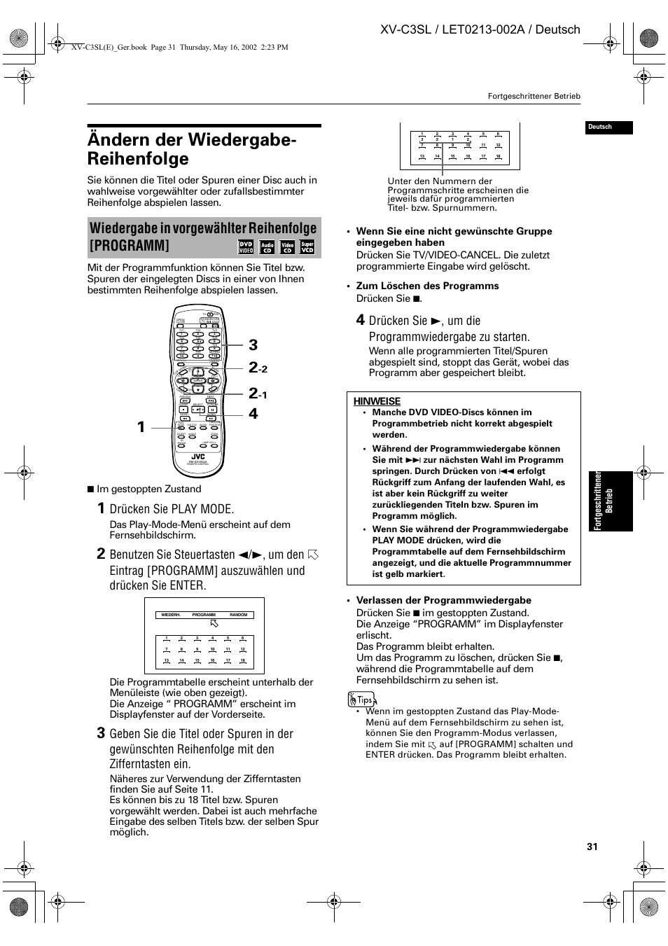 Ändern der wiedergabe- reihenfolge, Wiedergabe in vorgewählter reihenfolge [programm, Drücken sie play mode | Im gestoppten zustand, Hinweise, Fort geschr ittene r betrieb | JVC XV-C3SL User Manual | Page 35 / 177