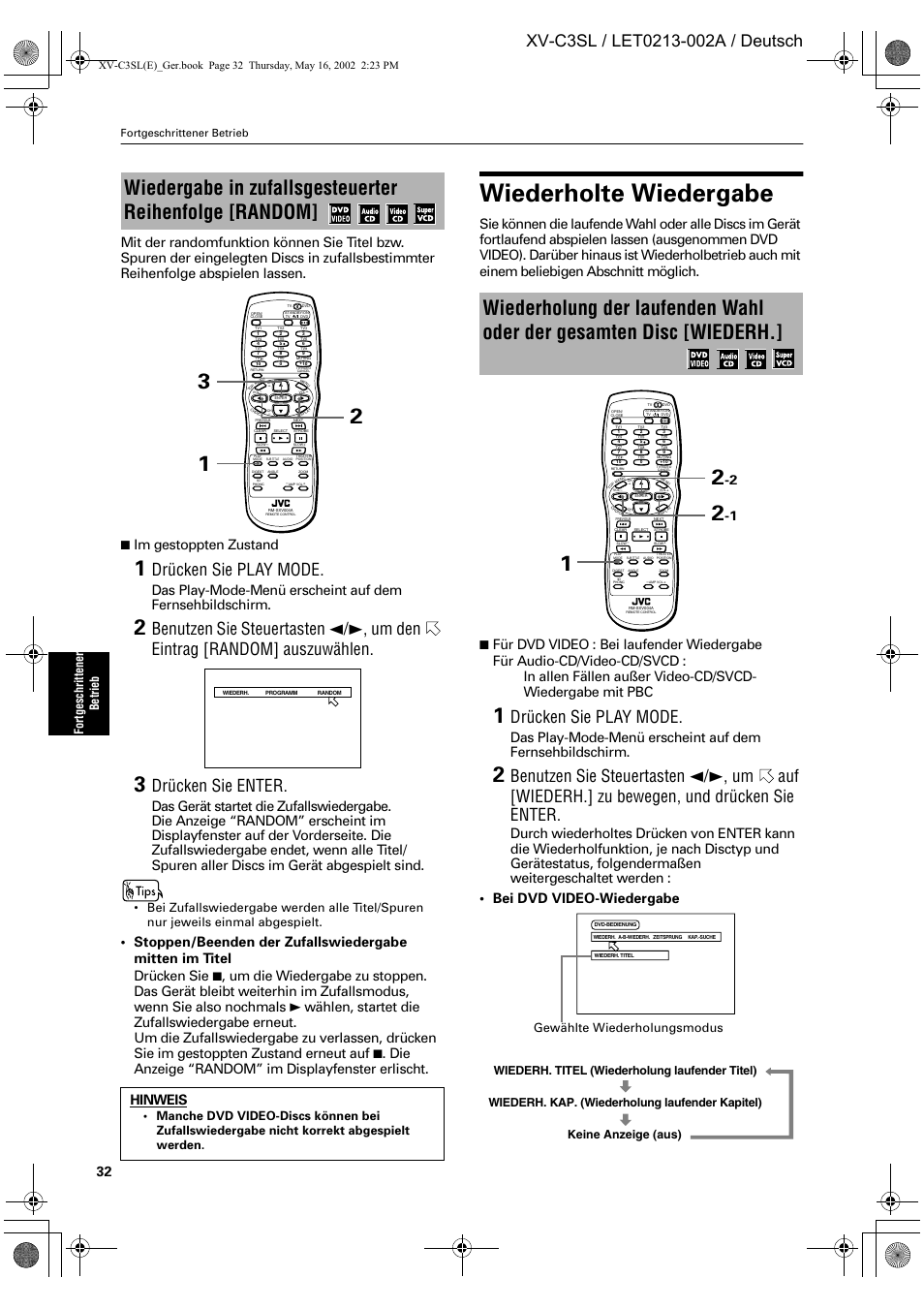 Wiederholte wiedergabe, Drücken sie play mode, Drücken sie enter | Im gestoppten zustand, Hinweis, Fort geschr ittene r betrieb, Fortgeschrittener betrieb | JVC XV-C3SL User Manual | Page 36 / 177