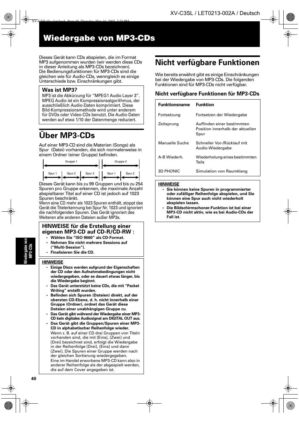 Wiedergabe von mp3-cds, Über mp3-cds, Nicht verfügbare funktionen | JVC XV-C3SL User Manual | Page 44 / 177