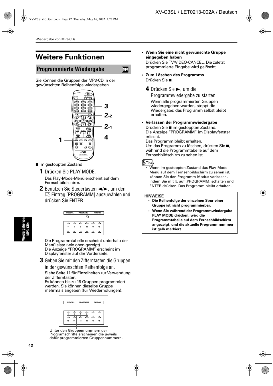 Weitere funktionen, Programmierte wiedergabe, Drücken sie play mode | Im gestoppten zustand, Hinweise, Wiede rga be von mp 3 -cd s | JVC XV-C3SL User Manual | Page 46 / 177