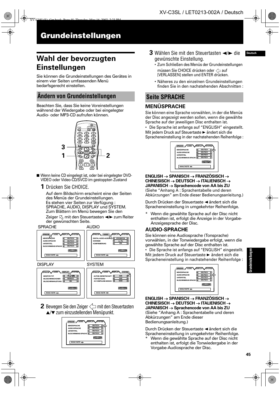 Ändern von grundeinstellungen, Seite sprache, Drücken sie choice | Menüsprache, Audio-sprache, Spanisch, Französisch, Chinesisch, Deutsch, Italienisch | JVC XV-C3SL User Manual | Page 49 / 177