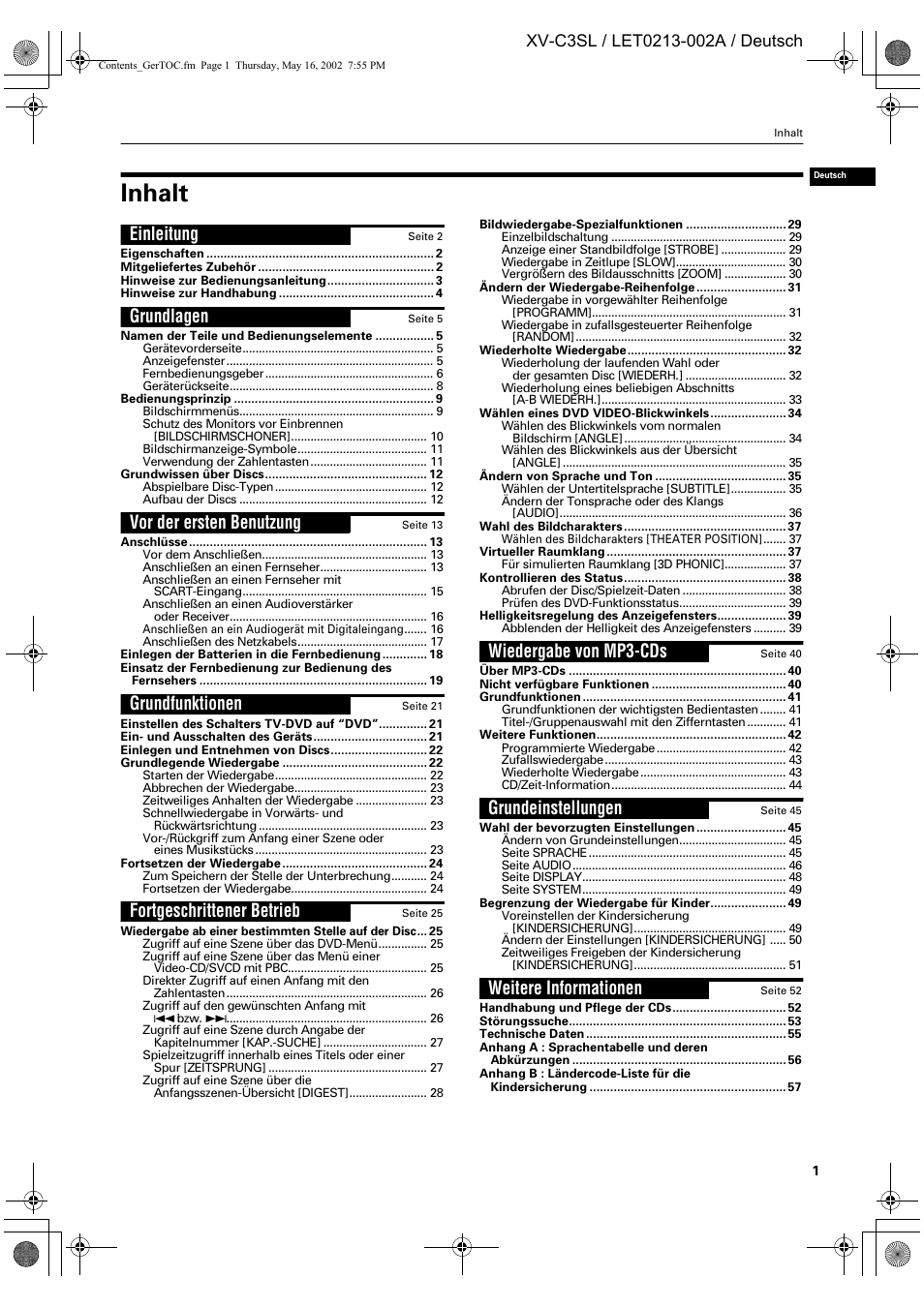 Inhalt, Einleitung, Grundlagen | Vor der ersten benutzung, Grundfunktionen, Fortgeschrittener betrieb, Wiedergabe von mp3-cds, Grundeinstellungen, Weitere informationen | JVC XV-C3SL User Manual | Page 5 / 177