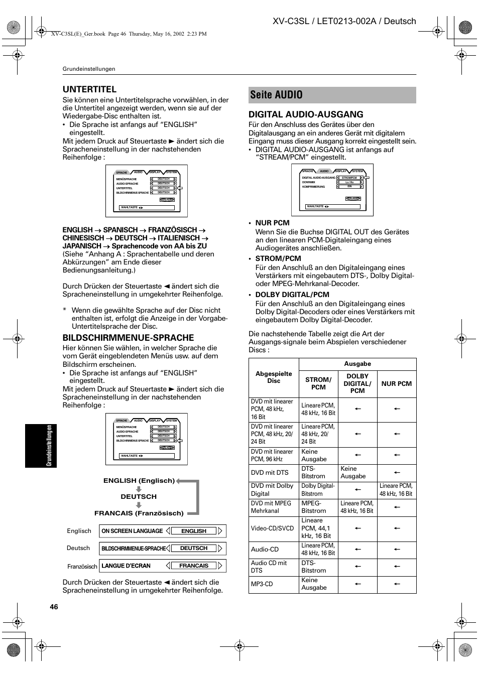 Seite audio, Bildschirmmenue-sprache, Digital audio-ausgang | JVC XV-C3SL User Manual | Page 50 / 177