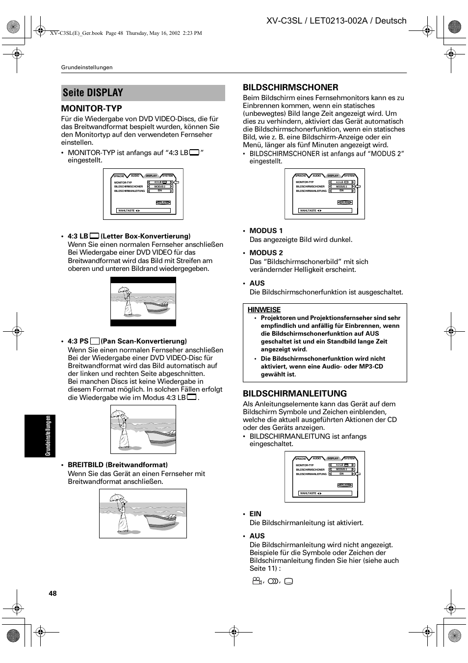 Seite display, Bildschirmschoner, Bildschirmanleitung | Hinweise | JVC XV-C3SL User Manual | Page 52 / 177