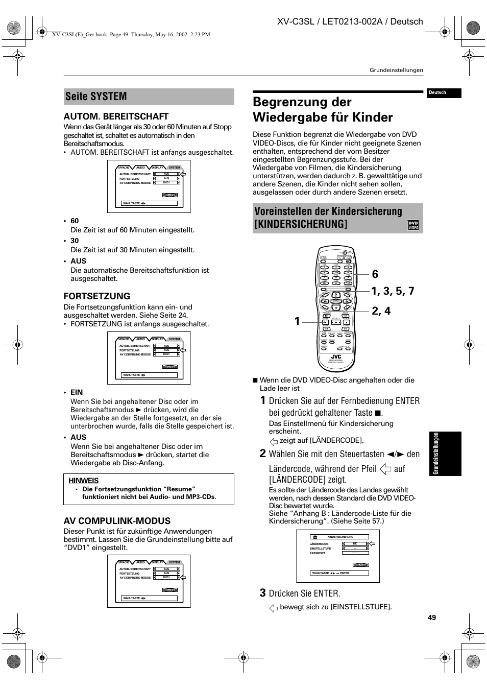 Begrenzung der wiedergabe für kinder, Seite system, Voreinstellen der kindersicherung [kindersicherung | Fortsetzung, Av compulink-modus, Drücken sie enter, Bewegt sich zu [einstellstufe, Hinweis, Gru ndei ns te llung en | JVC XV-C3SL User Manual | Page 53 / 177