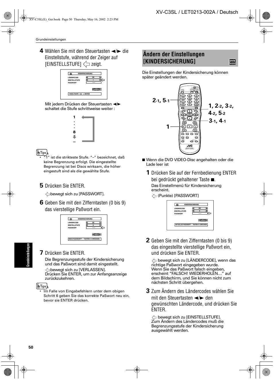 Ändern der einstellungen [kindersicherung, Drücken sie enter, Bewegt sich zu [passwort | JVC XV-C3SL User Manual | Page 54 / 177