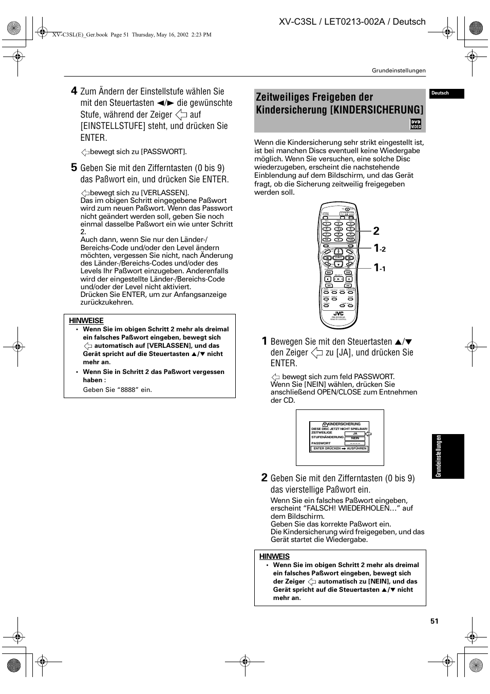 Bewegt sich zu [passwort, Hinweis, Gru ndei ns te llung en | JVC XV-C3SL User Manual | Page 55 / 177