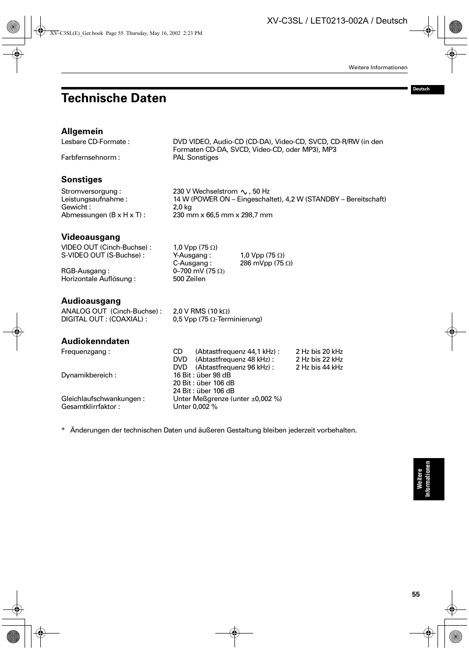 Technische daten | JVC XV-C3SL User Manual | Page 59 / 177