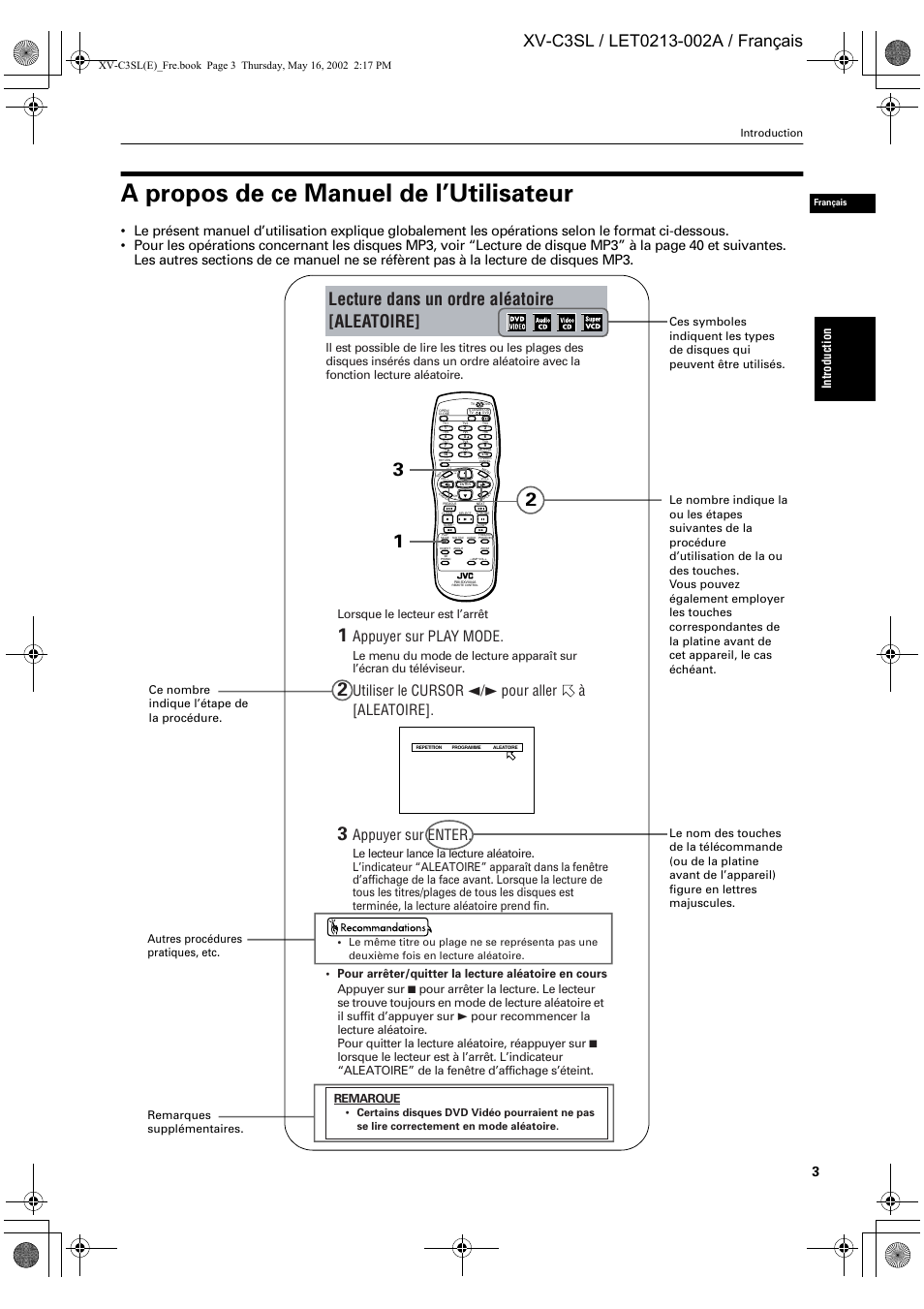 A propos de ce manuel de l’utilisateur, Lecture dans un ordre aléatoire [aleatoire, Appuyer sur play mode | Utiliser le cursor 2/3 pour aller à [aleatoire, Appuyer sur enter, Remarque, Introduction | JVC XV-C3SL User Manual | Page 64 / 177