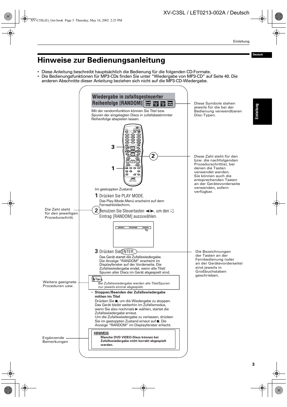 Hinweise zur bedienungsanleitung, Drücken sie play mode, Drücken sie enter | Einle itu ng, Hinweis, Einleitung | JVC XV-C3SL User Manual | Page 7 / 177