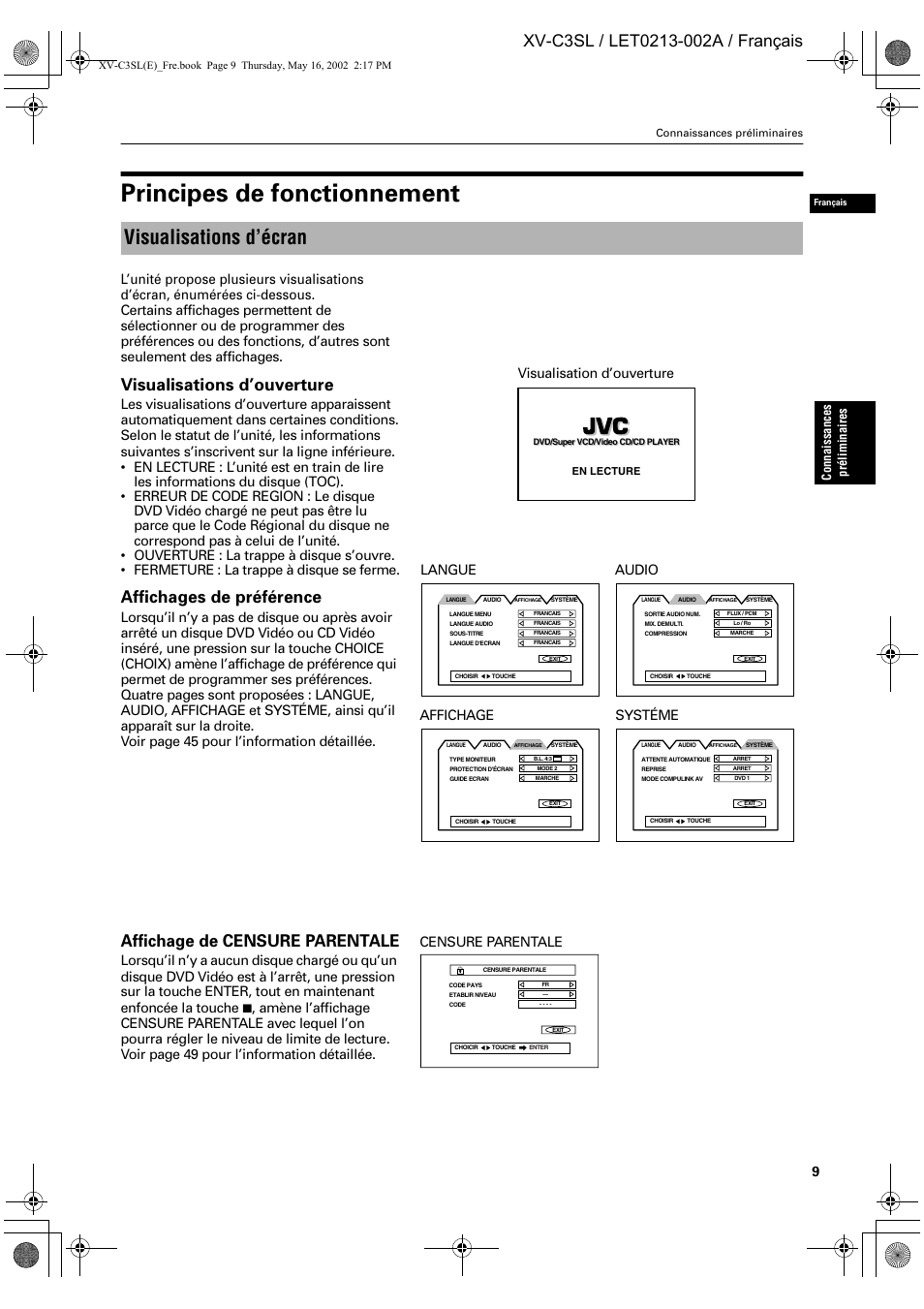 Principes de fonctionnement, Visualisations d’écran, Visualisations d’ouverture | Affichages de préférence, Affichage de censure parentale, Visualisation d’ouverture, Langue audio systéme, Censure parentale affichage | JVC XV-C3SL User Manual | Page 70 / 177