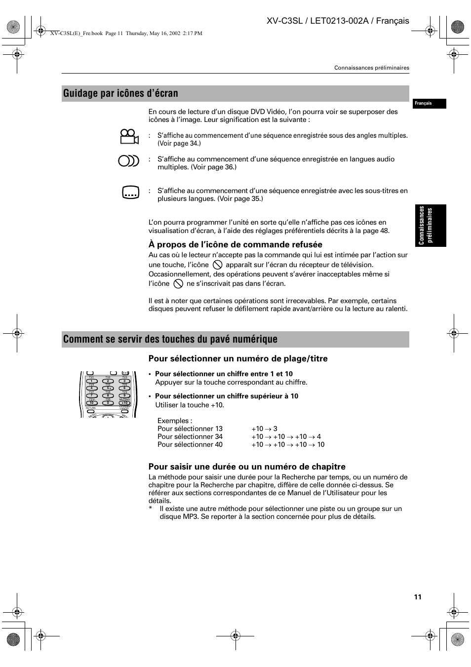 Guidage par icônes d’écran, Comment se servir des touches du pavé numérique, À propos de l’icône de commande refusée | Pour sélectionner un numéro de plage/titre, Pour saisir une durée ou un numéro de chapitre | JVC XV-C3SL User Manual | Page 72 / 177