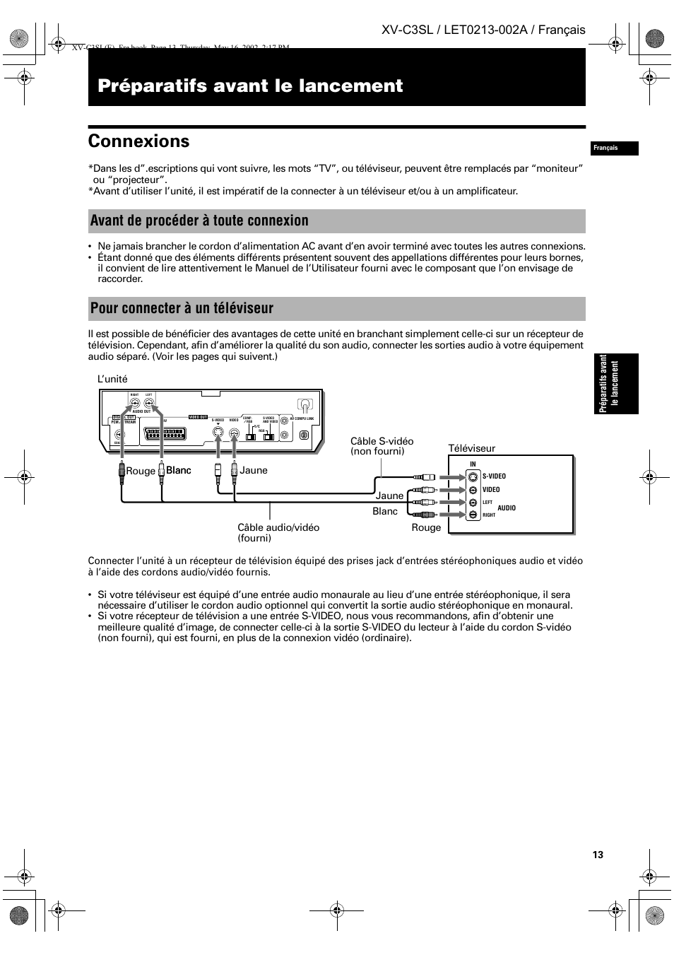 Préparatifs avant le lancement connexions | JVC XV-C3SL User Manual | Page 74 / 177