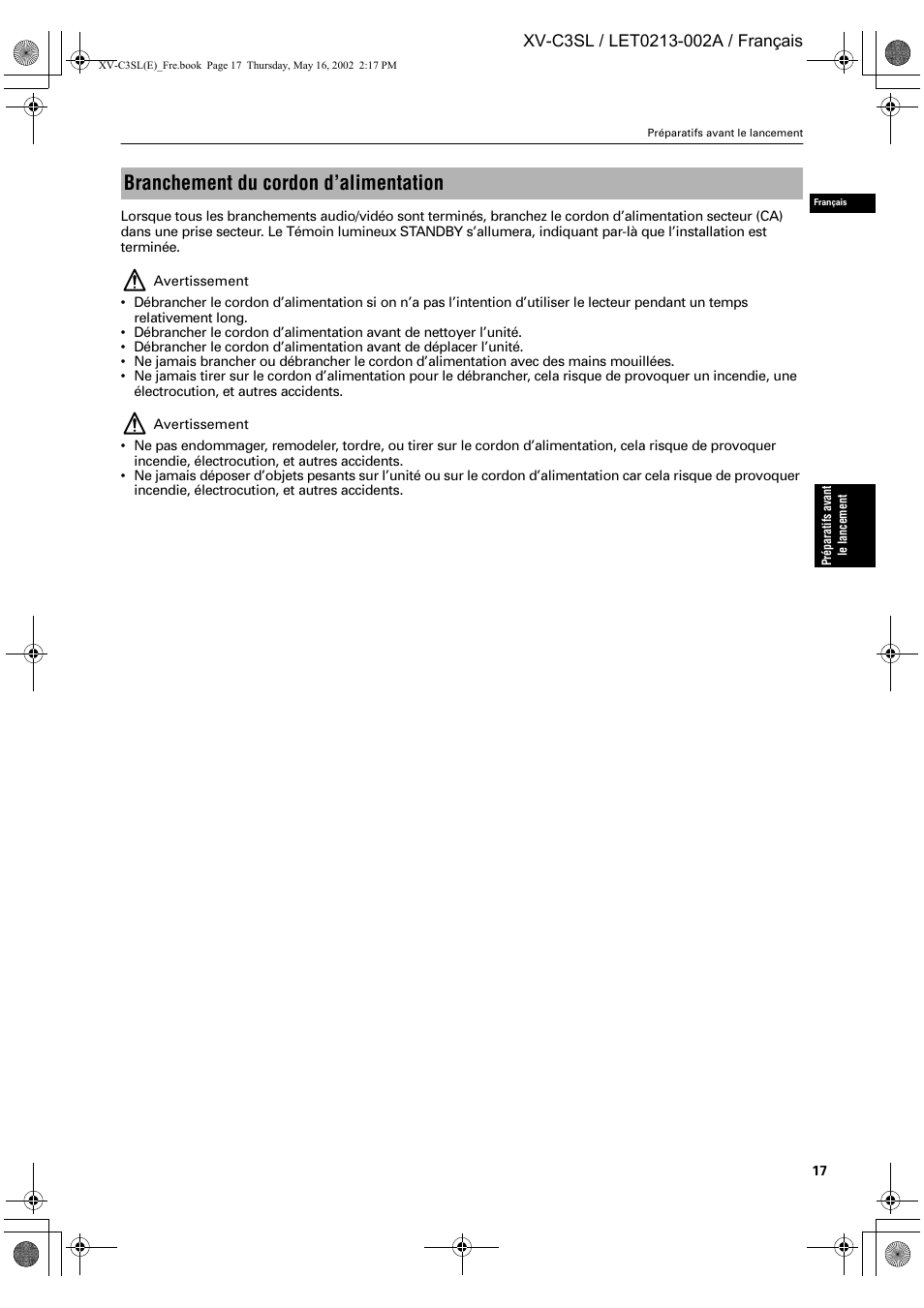 Branchement du cordon d’alimentation | JVC XV-C3SL User Manual | Page 78 / 177