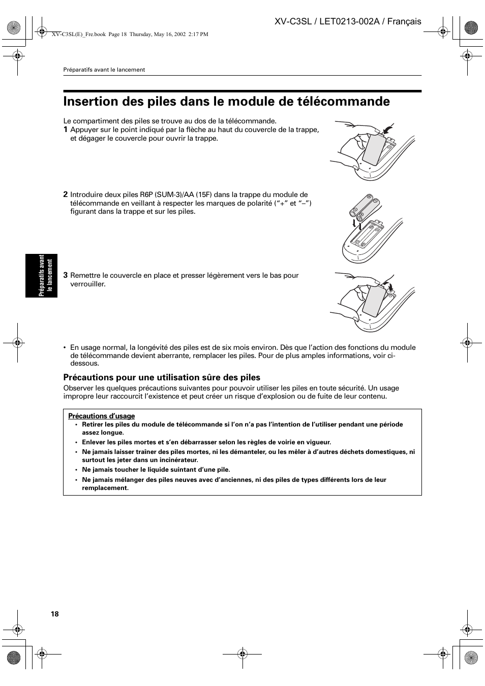 Insertion des piles dans le module de télécommande | JVC XV-C3SL User Manual | Page 79 / 177