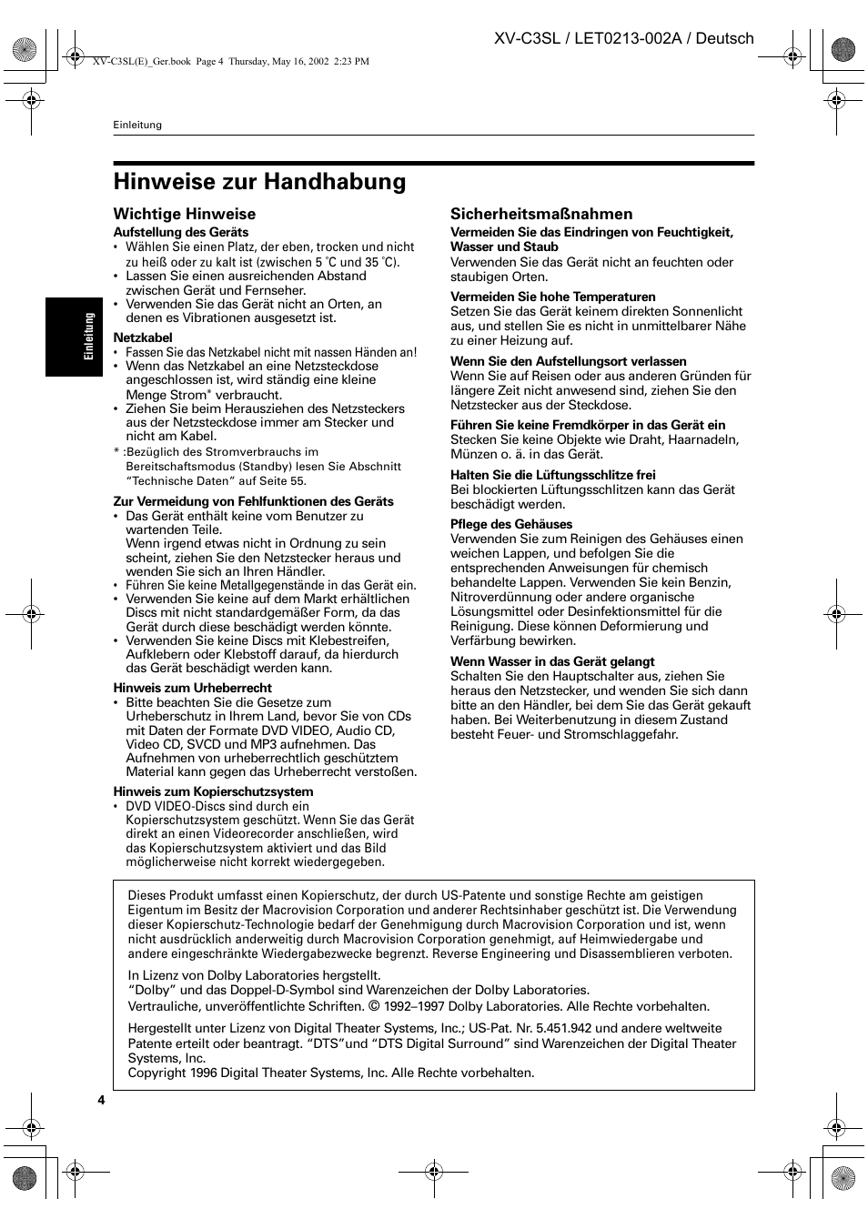 Hinweise zur handhabung | JVC XV-C3SL User Manual | Page 8 / 177