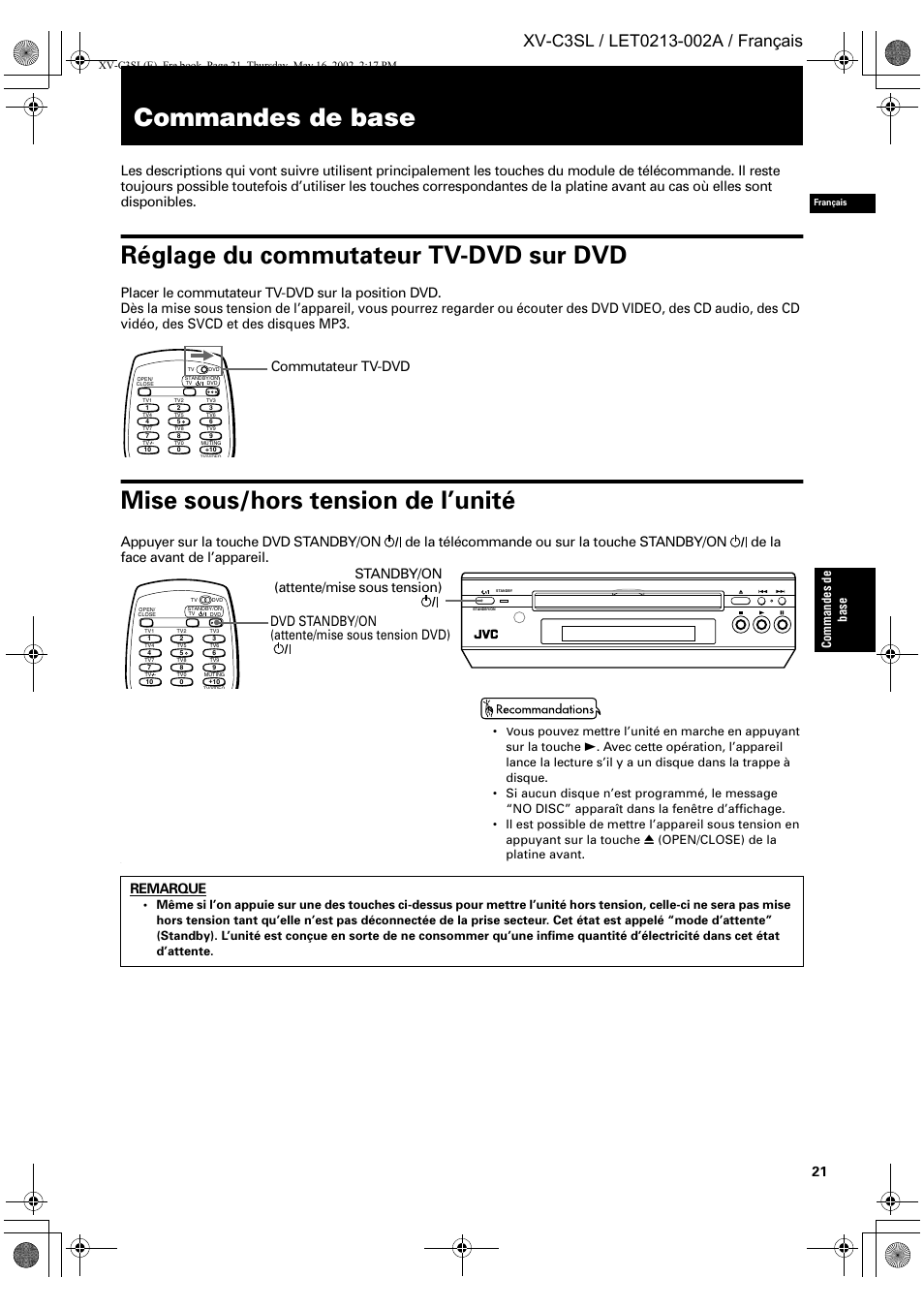 Commandes de base, Réglage du commutateur tv-dvd sur dvd, Mise sous/hors tension de l’unité | Commutateur tv-dvd | JVC XV-C3SL User Manual | Page 82 / 177