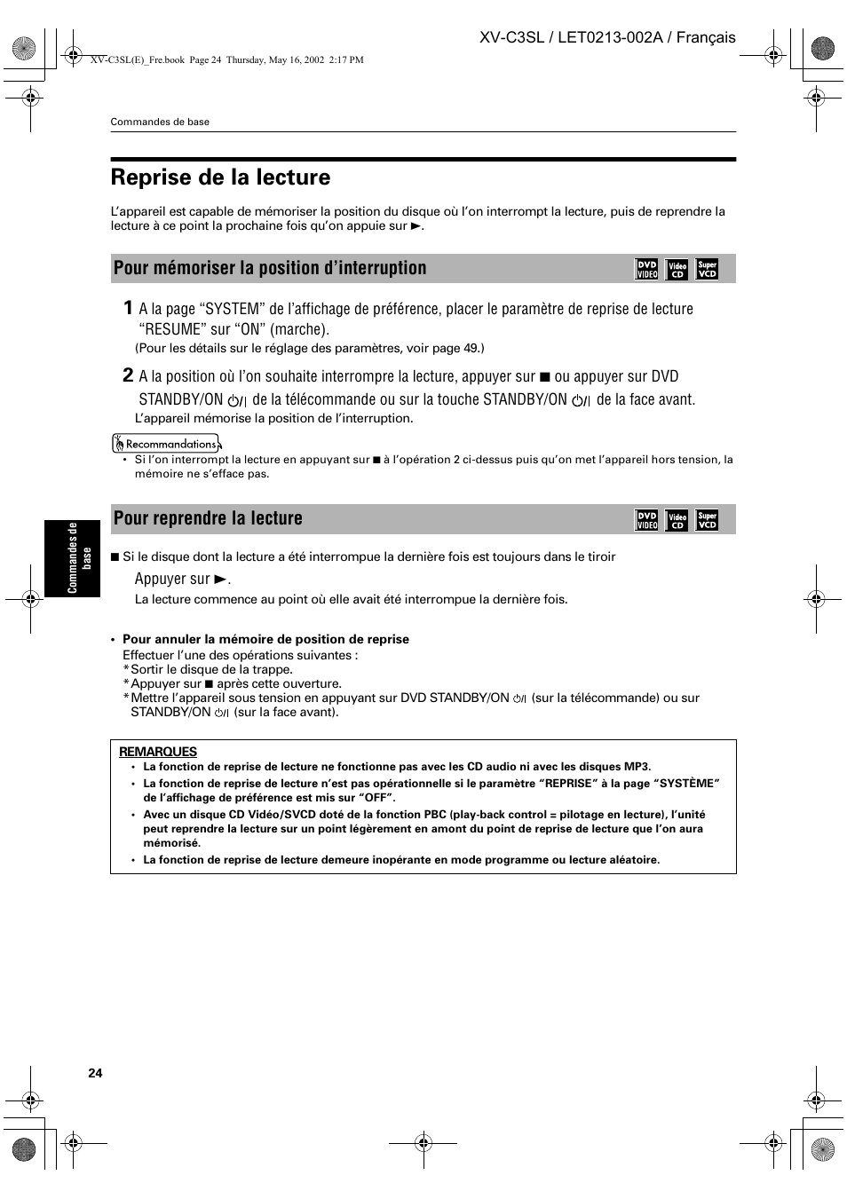 Reprise de la lecture | JVC XV-C3SL User Manual | Page 85 / 177