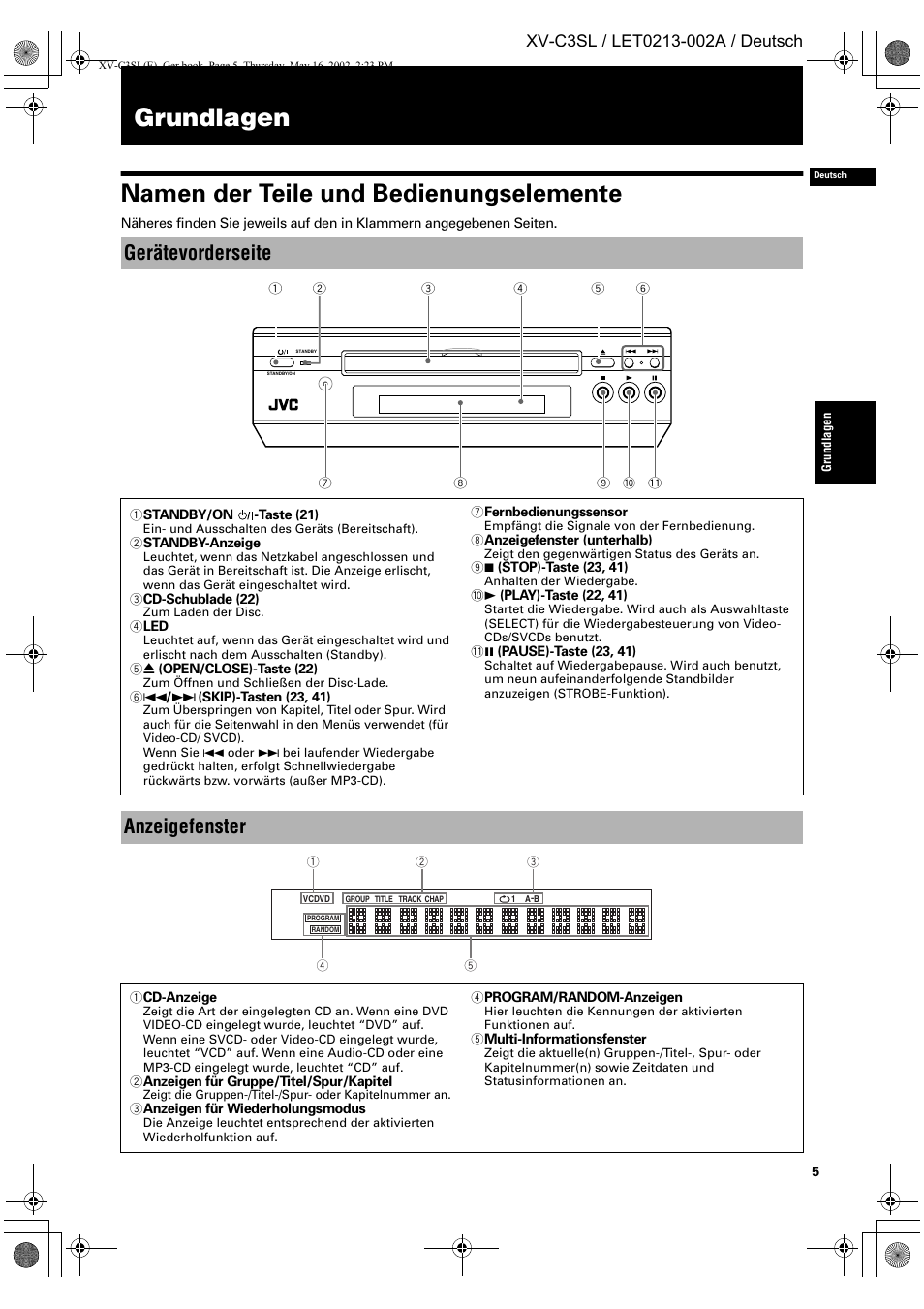 Grundlagen namen der teile und bedienungselemente, Gerätevorderseite, Anzeigefenster | JVC XV-C3SL User Manual | Page 9 / 177