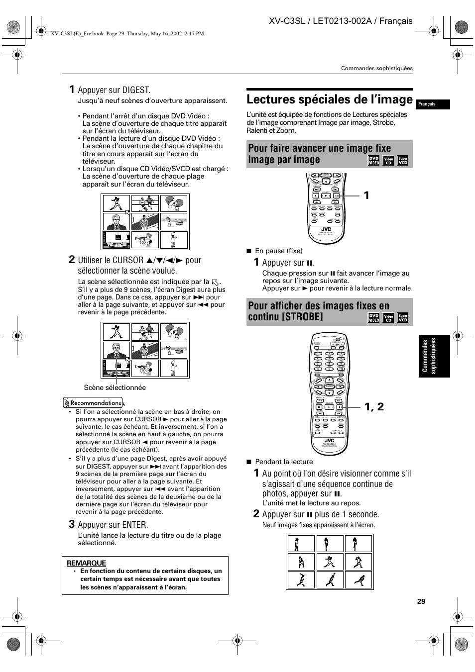 Lectures spéciales de l’image, Appuyer sur digest, Appuyer sur enter | Appuyer sur 8, Appuyer sur 8 plus de 1 seconde, En pause (fixe), Pendant la lecture, L’unité met la lecture au repos, Neuf images fixes apparaissent à l’écran. remarque, Scène sélectionnée | JVC XV-C3SL User Manual | Page 90 / 177