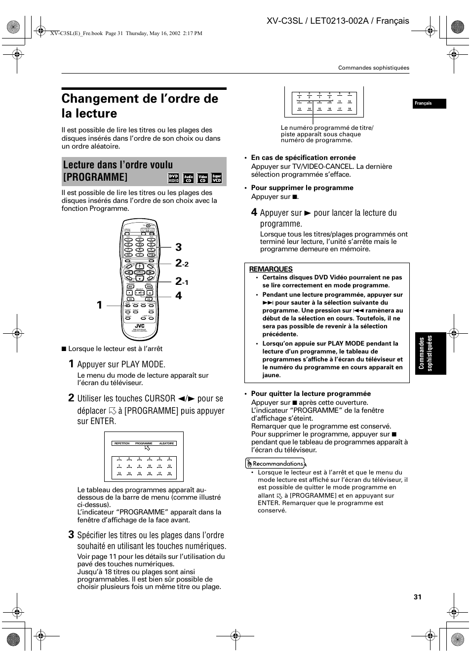 Changement de l’ordre de la lecture, Lecture dans l’ordre voulu [programme, Appuyer sur play mode | Appuyer sur 3 pour lancer la lecture du programme, Lorsque le lecteur est à l’arrêt, Remarques, Comm and es sophistiqu é es | JVC XV-C3SL User Manual | Page 92 / 177
