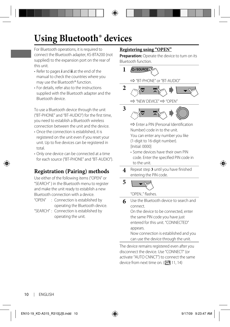 Using bluetooth ® devices, Registration (pairing) methods | JVC GET0626-001B User Manual | Page 10 / 107