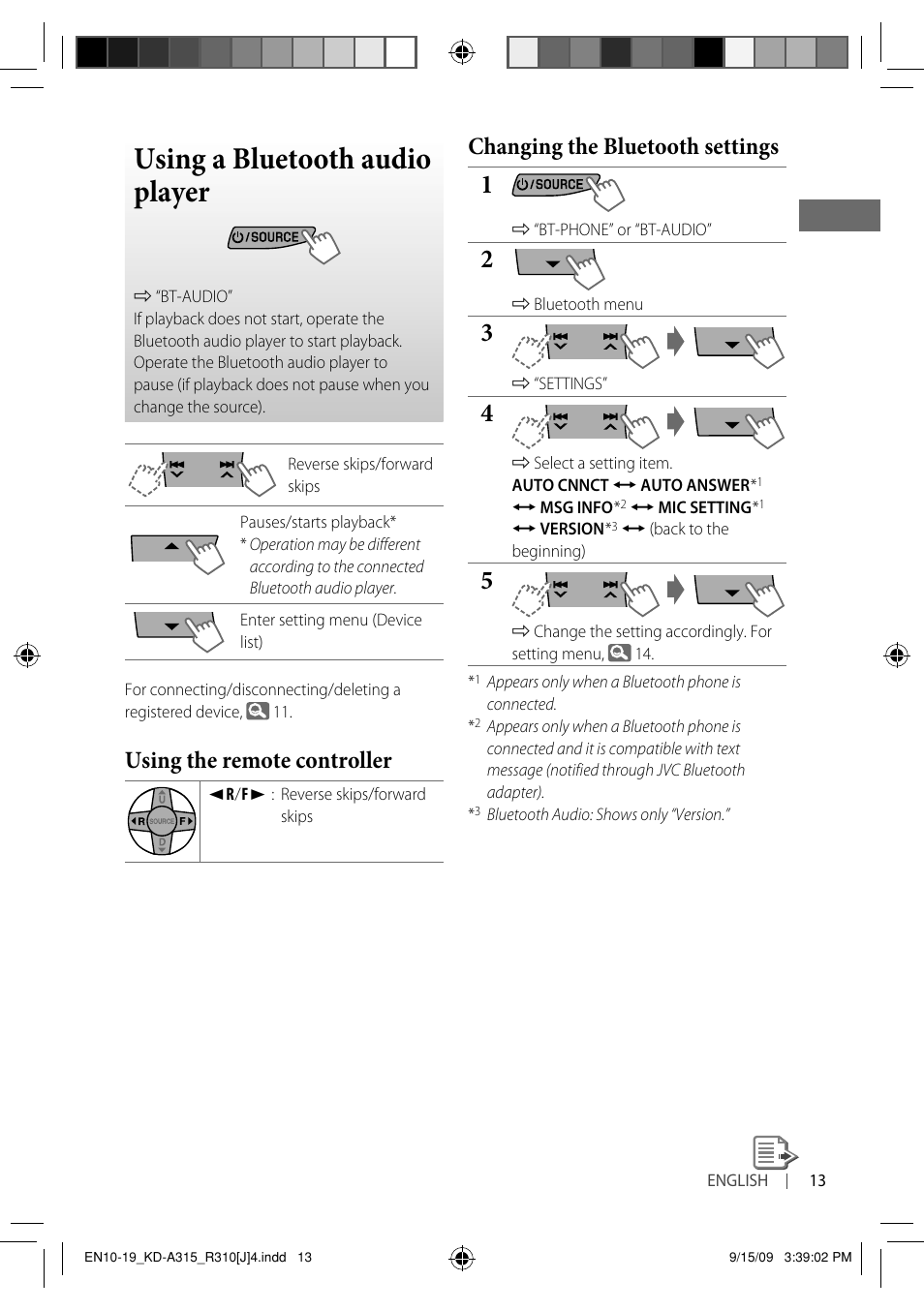Using a bluetooth audio player, Using the remote controller, Changing the bluetooth settings | JVC GET0626-001B User Manual | Page 13 / 107