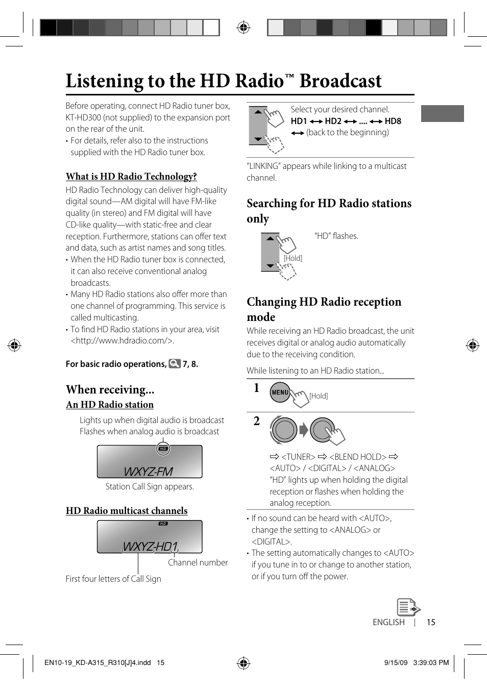 Listening to the hd radio ™ broadcast, When receiving, Searching for hd radio stations only | Changing hd radio reception mode | JVC GET0626-001B User Manual | Page 15 / 107