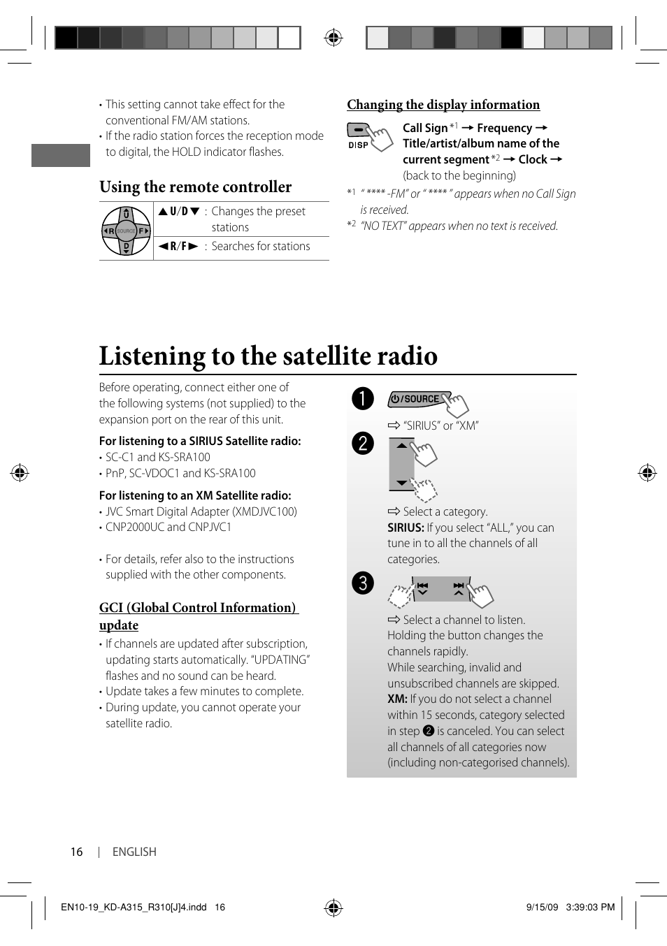 Listening to the satellite radio, Using the remote controller | JVC GET0626-001B User Manual | Page 16 / 107
