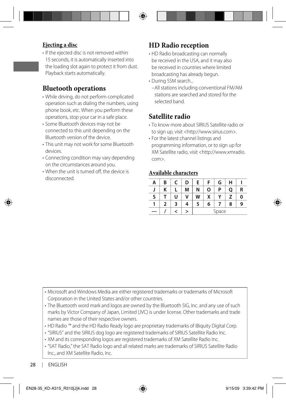 Bluetooth operations, Hd radio reception, Satellite radio | JVC GET0626-001B User Manual | Page 28 / 107