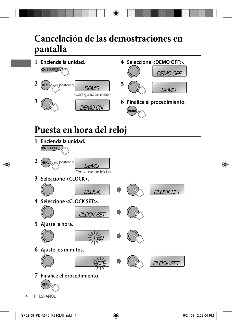 Puesta en hora del reloj, Cancelación de las demostraciones en pantalla | JVC GET0626-001B User Manual | Page 38 / 107