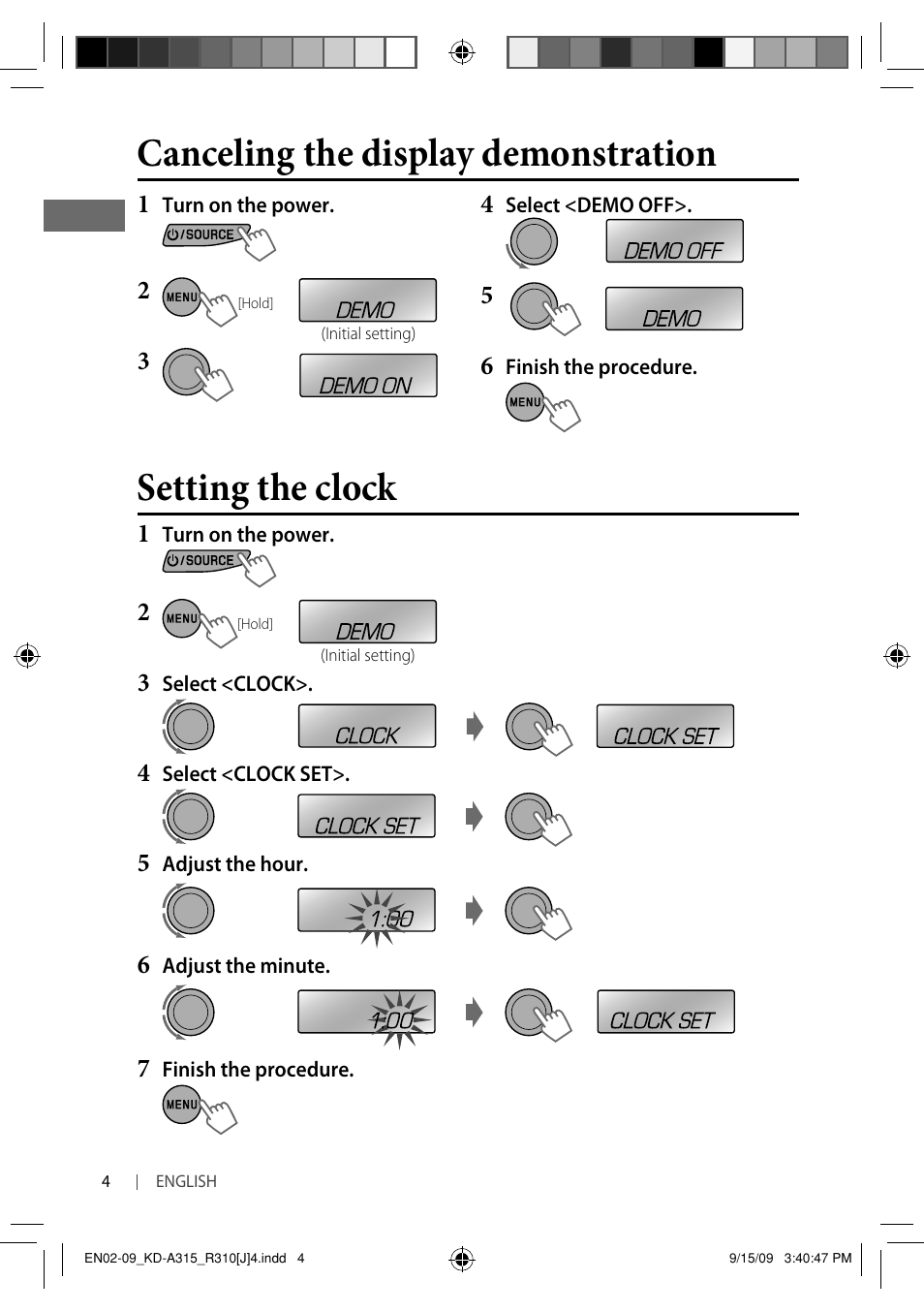 Setting the clock, Canceling the display demonstration | JVC GET0626-001B User Manual | Page 4 / 107