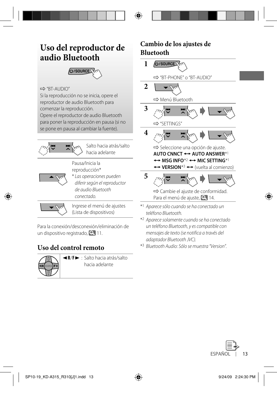 Uso del reproductor de audio bluetooth, Uso del control remoto, Cambio de los ajustes de bluetooth | JVC GET0626-001B User Manual | Page 47 / 107