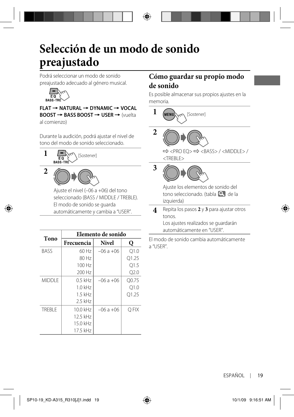 Selección de un modo de sonido preajustado, Cómo guardar su propio modo de sonido | JVC GET0626-001B User Manual | Page 53 / 107