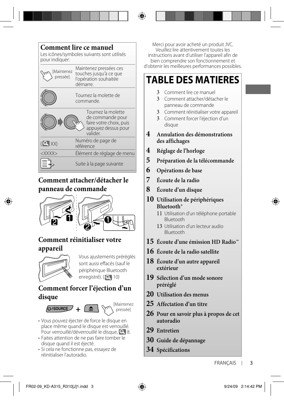 Table des matieres, Comment lire ce manuel, Comment forcer l’éjection d’un disque | JVC GET0626-001B User Manual | Page 71 / 107